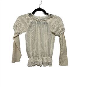 Jak & Peppar Long Sleeve Boho Crochet Lace Off-White Cream Peplum Top SZ 14